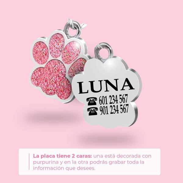 Chapa Perro Grabada en Forma de Pata con Purpurina